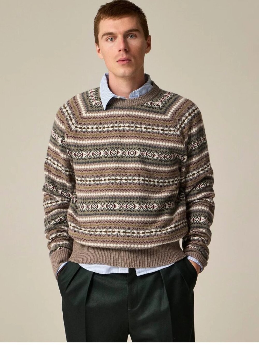NWT J.Crew Men's Fair Isle Crewneck Sweater in Heather Bark Jacquard Wool L